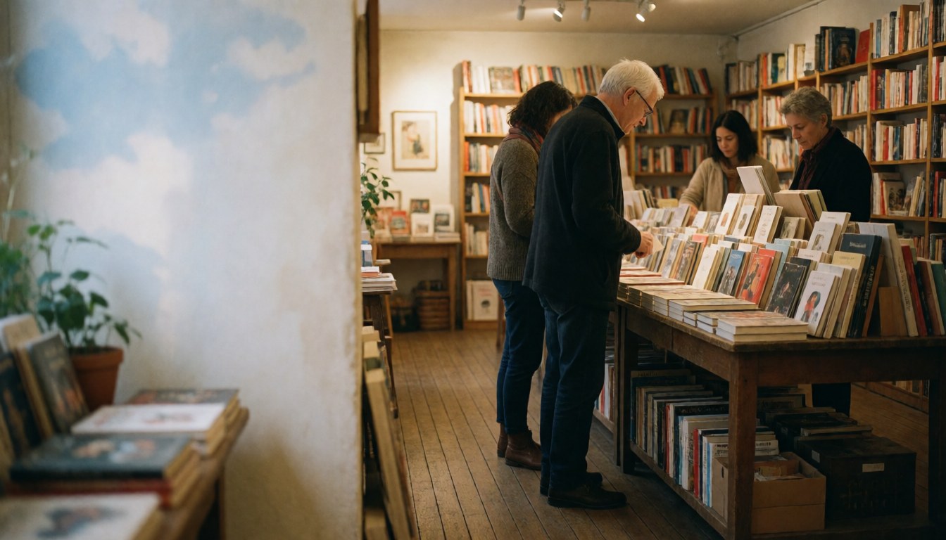 Des clients consultent des ouvrages dans une librairie aux étagères en bois et au sol en parquet, baignée d'une lumière chaude et d'une ambiance chaleureuse.
