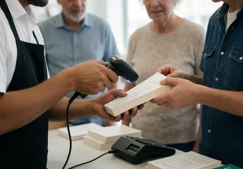 Un employé de librairie utilise un scanner pour numériser un livre tandis qu'un client le tient à la main au niveau du comptoir de vente.