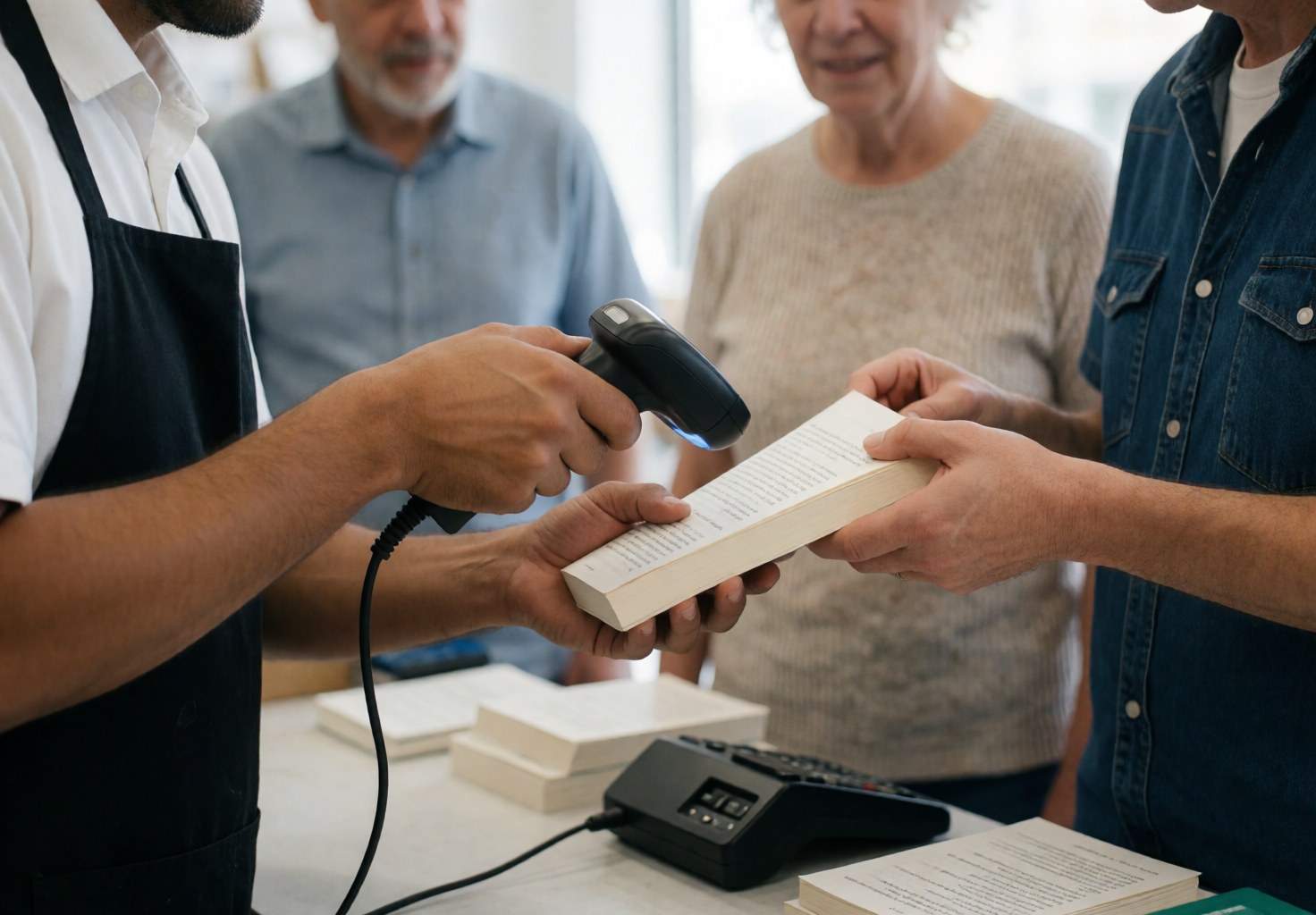 Un employé de librairie utilise un scanner pour numériser un livre tandis qu'un client le tient à la main au niveau du comptoir de vente.