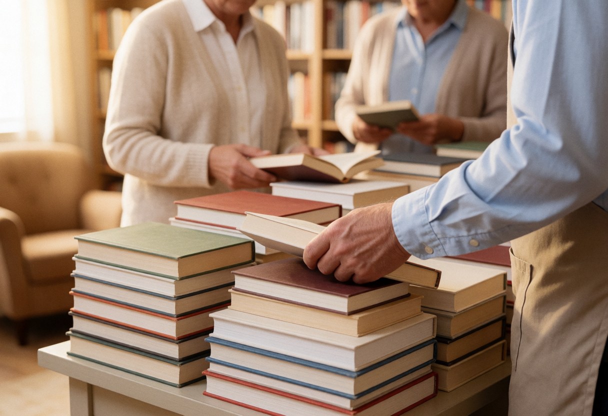 Une main prend un livre sur une pile dans une librairie avec des étagères, une chaise de lecture et une lumière naturelle.