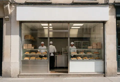 Trois cuisiniers dans un établissement de traiteur avec des vitrines remplies de nourriture, montrant l'intérieur de la cuisine et des cartons en arrière-plan.