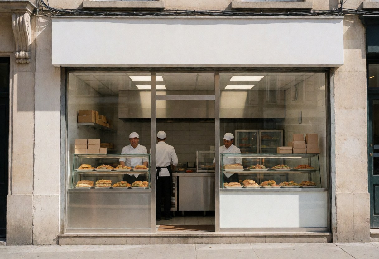 Trois cuisiniers dans un établissement de traiteur avec des vitrines remplies de nourriture, montrant l'intérieur de la cuisine et des cartons en arrière-plan.