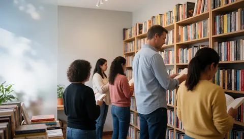 Des clients lisant des livres sur des étagères en bois dans une librairie aux murs clairs et à la lumière naturelle.