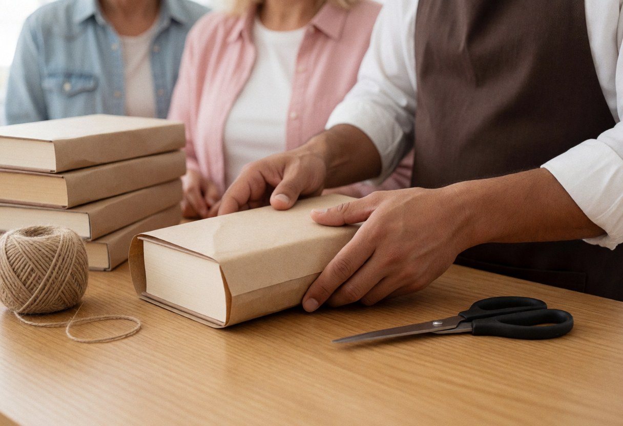 Un vendeur enveloppe un livre dans du papier kraft sur une table en bois, avec des ciseaux et du fil de jute à proximité.