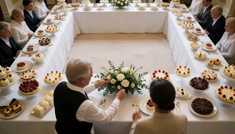 Le personnel sert des desserts sur une longue table avec des clients assis, une décoration élégante et des fleurs pour un événement de traiteur.