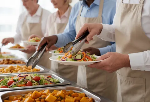 Des mains utilisant des pinces pour servir une salade fraîche dans un saladier métallique lors d'un service de catering professionnel.