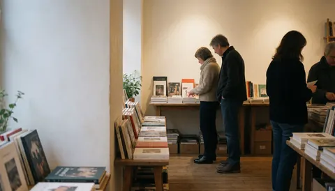 Des clients parcourent des ouvrages sur des étagères dans une librairie aux murs blancs et au sol en bois, créant une atmosphère chaleureuse et accueillante.