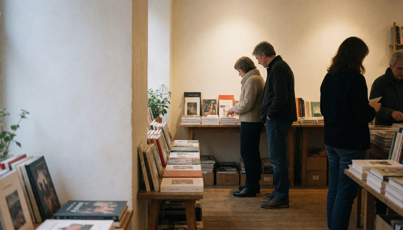 Des clients parcourent des ouvrages sur des étagères dans une librairie aux murs blancs et au sol en bois, créant une atmosphère chaleureuse et accueillante.