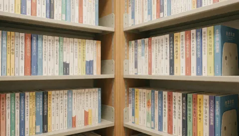 Étagères en bois contenant des livres de texte en chinois, ambiance de bibliothèque avec un éclairage chaleureux pour fond de texte