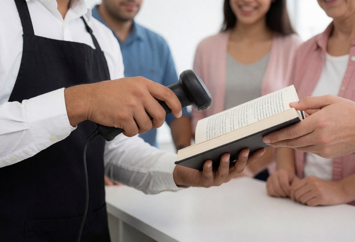 Un employé de librairie utilise un scanner pour traiter un livre tenu par un client, illustrant un service en action en magasin.