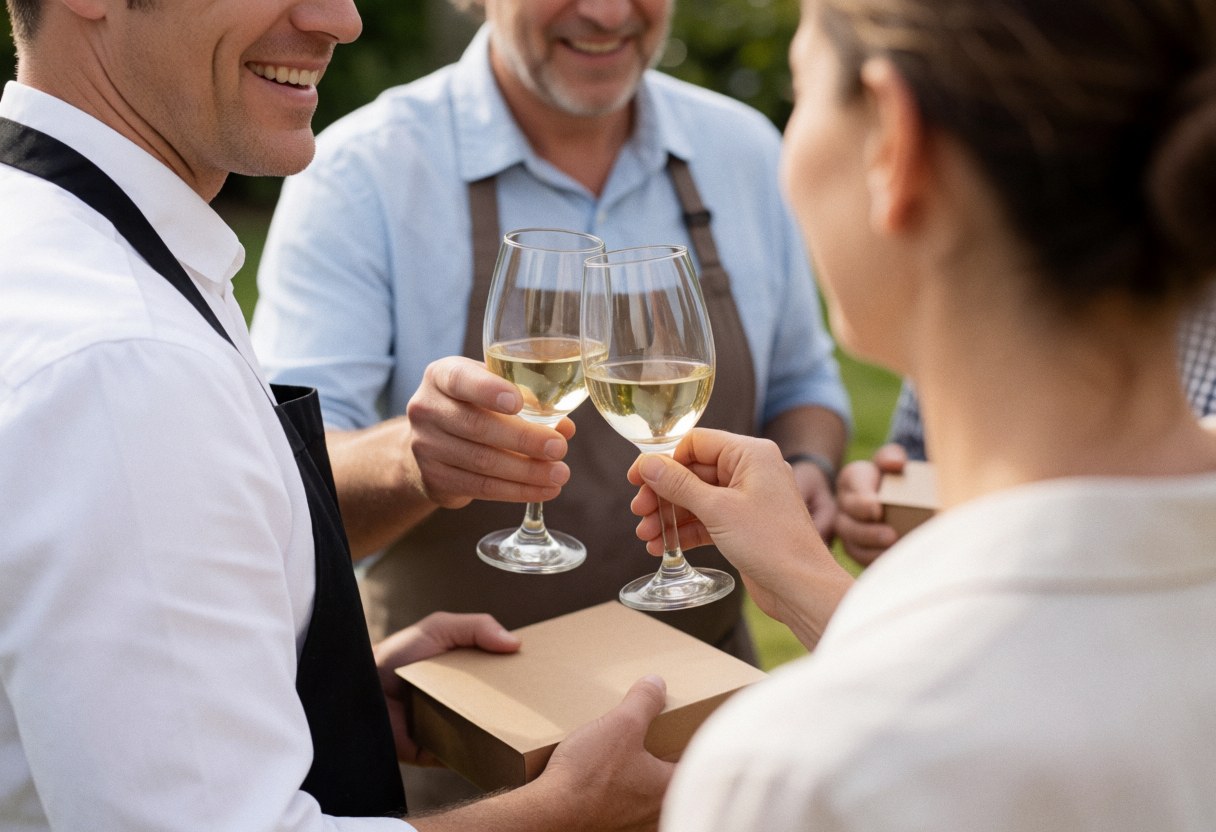 Un serveur de traiteur présente un verre de vin blanc à des clients souriants lors d'un événement en plein air, avec des boîtes de repas visibles.