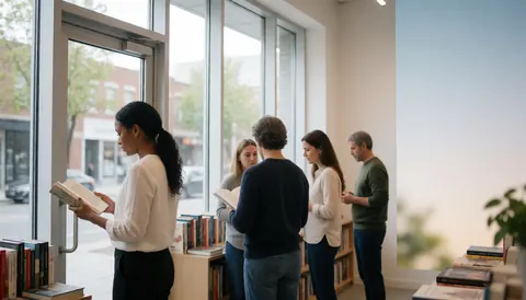 Une cliente lit un livre dans une librairie moderne avec des fenêtres du sol au plafond et des étagères à livres, dans une ambiance calme.