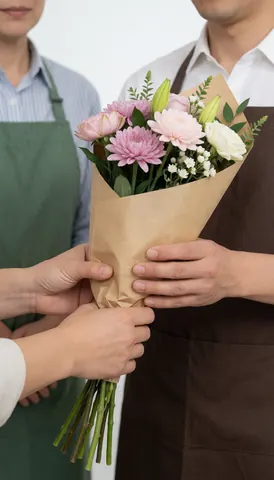 Gros plan sur les mains d'un fleuriste tenant un bouquet de fleurs fraîches enveloppé dans du papier kraft, sur un fond blanc uni et propre.