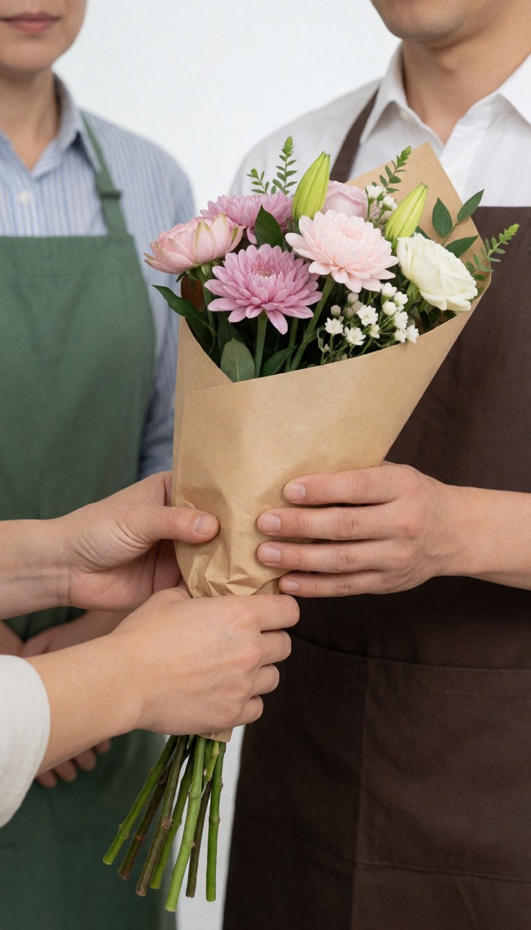 Gros plan sur les mains d'un fleuriste tenant un bouquet de fleurs fraîches enveloppé dans du papier kraft, sur un fond blanc uni et propre.