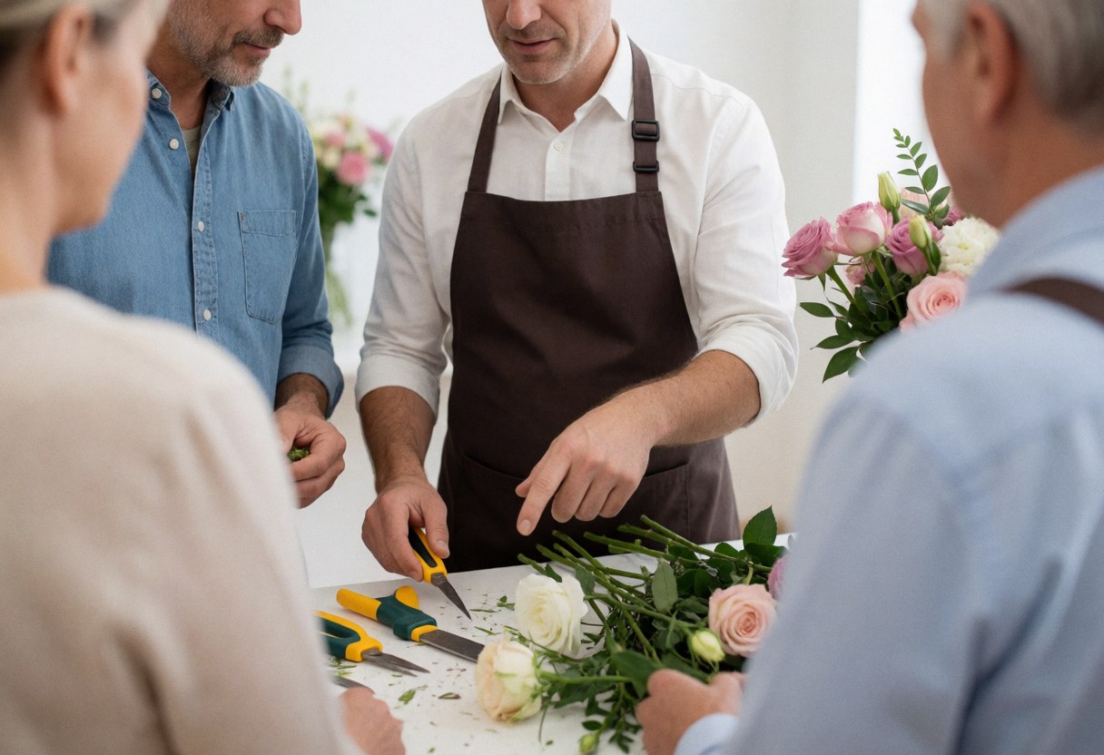 Un fleuriste professionnel en tablier taille des roses avec des ciseaux sur une table blanche tandis que des clients observent dans la boutique
