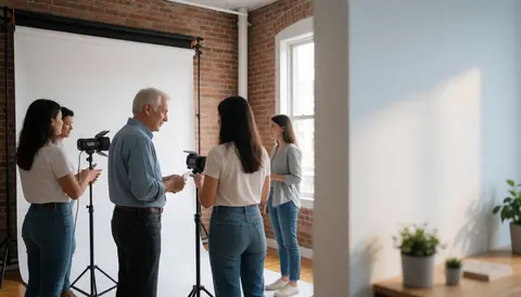 Équipe de photographie en studio avec des murs en briques, personnes travaillant près d'un fond blanc et lumière naturelle par la fenêtre.