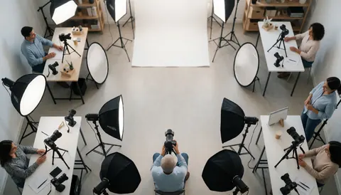 Studio photographique avec plusieurs photographes travaillant avec des caméras et des réflecteurs, fond blanc et espace pour texte.