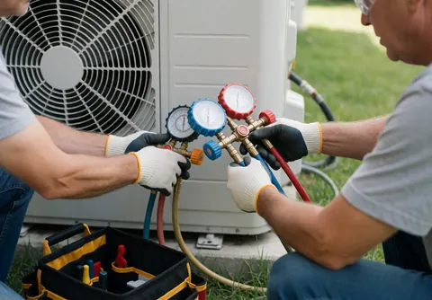 Technicien ganté et protégé par des lunettes connecte des manomètres à une unité de climatisation extérieure dans un jardin, avec une trousse ouverte.
