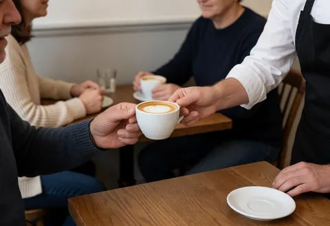 Un barista sert un cappuccino à un client dans un café avec des tables en bois et des murs gris, créant une ambiance relaxée.