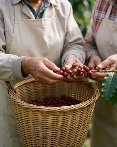 Des mains trient des cerises de café rouges dans un panier en osier sur une plantation, illustrant le service de café et cacao.