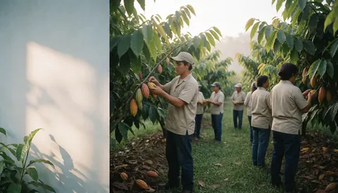 Des ouvriers ramassent des gousses de cacao sur des arbres verts sous la lumière du matin dans une exploitation agricole.