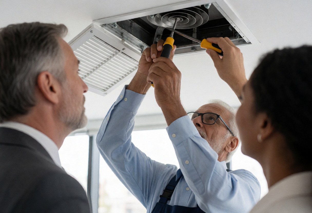 Un technicien ajuste un ventilateur de plafond dans un bureau moderne avec des outils, illustrant un service de climatisation en action.