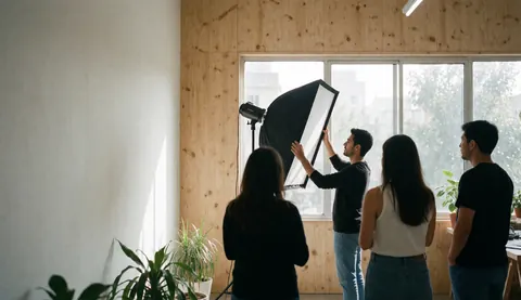 Photographe ajuste un softbox dans un studio aux murs en bois et aux grandes fenêtres, trois personnes de dos observent le travail.