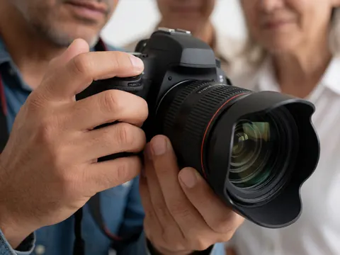 Des mains ajustent un objectif d'appareil photo reflex numérique dans un studio avec un fond flou de personnes.