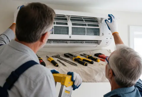 Deux techniciens installent une unité intérieure de climatisation blanche. Des outils professionnels sont posés sur un tissu blanc devant un mur propre.