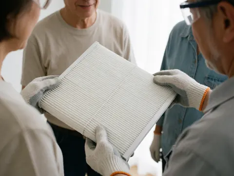 Un technicien en gants et lunettes tient un filtre blanc d'air conditionné lors d'une intervention de maintenance devant des clients.
