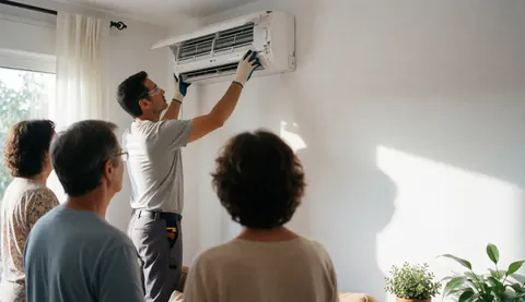 Technicien en gants et lunettes de sécurité installe une unité de climatisation murale dans un intérieur baigné de lumière naturelle.