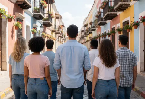 Un groupe de touristes se promenant dans une ruelle aux façades colorées, ornée de balcons avec des pots de fleurs, évoquant le charme d'une destination touristique.