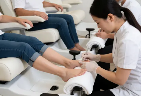 Manuciste portant des gants effectuant un soin des pieds sur une chaise de pédicure avec serviettes et baignoire blanche dans un salon de beauté.