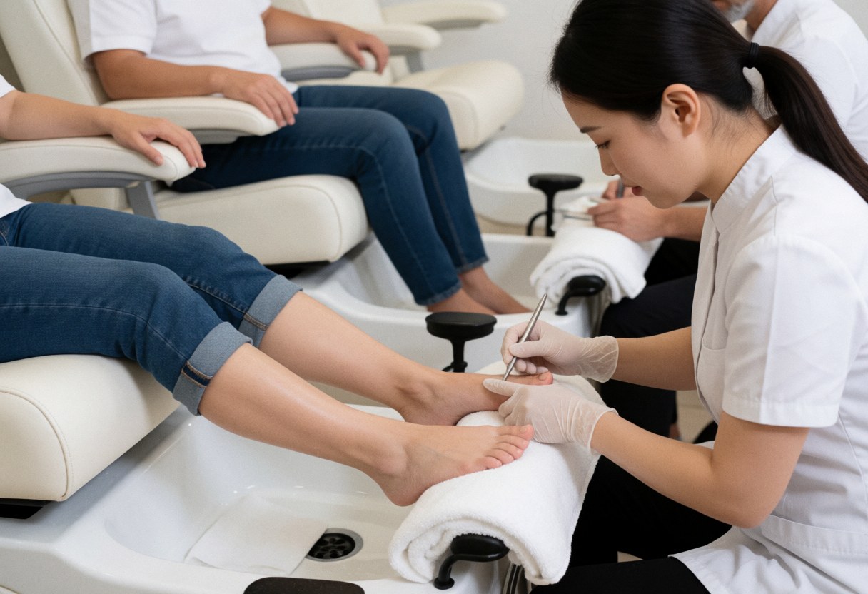 Manuciste portant des gants effectuant un soin des pieds sur une chaise de pédicure avec serviettes et baignoire blanche dans un salon de beauté.