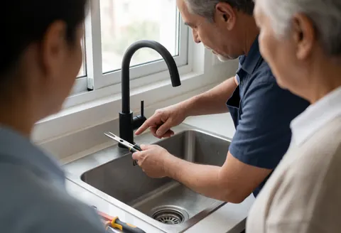 Un plombier intervient sur un robinet noir en cuisine moderne tandis qu'un client observe, outils à la main, dans un environnement propre et naturel.