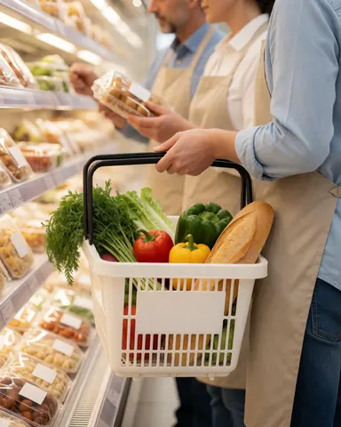 Une cliente heureuse tient une cagette remplie de légumes frais et de pain dans un minimarket, illustrant une scène de commerce réaliste.