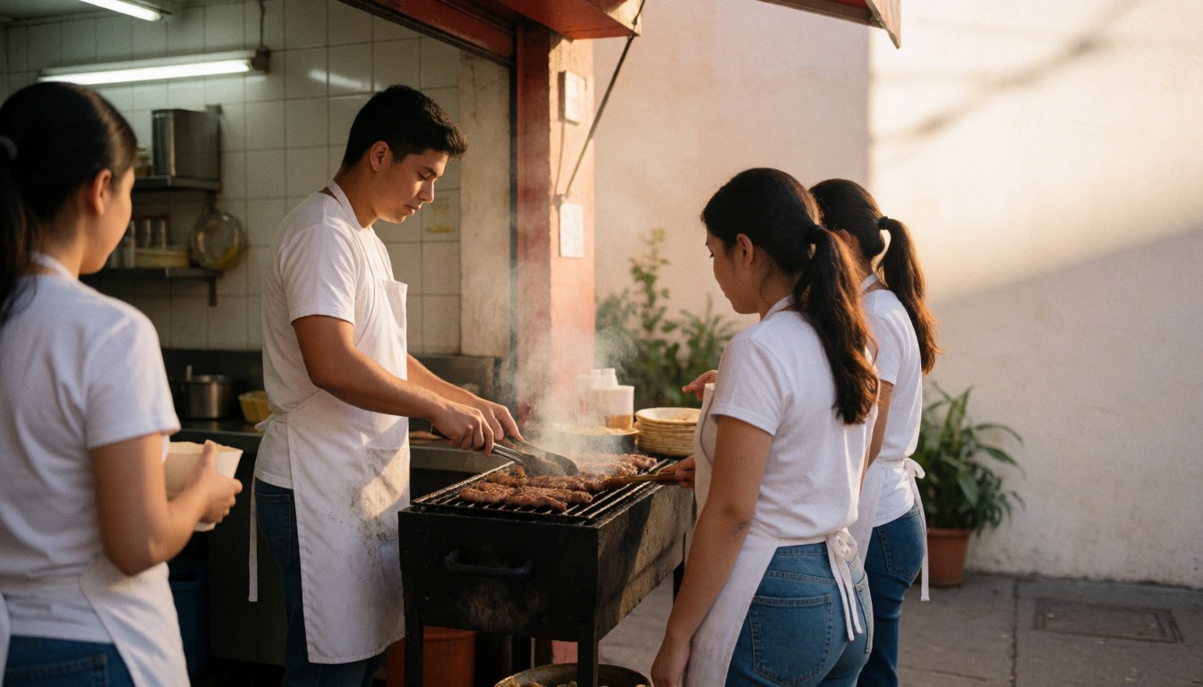 Trois personnes en tablier grillent de la viande en extérieur avec de la fumée visible, évoquant un service de restauration rapide.