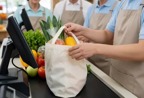 Caisse enregistreuse dans un minimarket mettant des tomates et des bananes dans un sac réutilisable avec des produits frais et un ordinateur sur le comptoir.