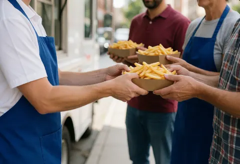 Des employés en camionnette distribuent des frites dans du papier à des clients, scène de restauration rapide en extérieur avec lumière du soleil.