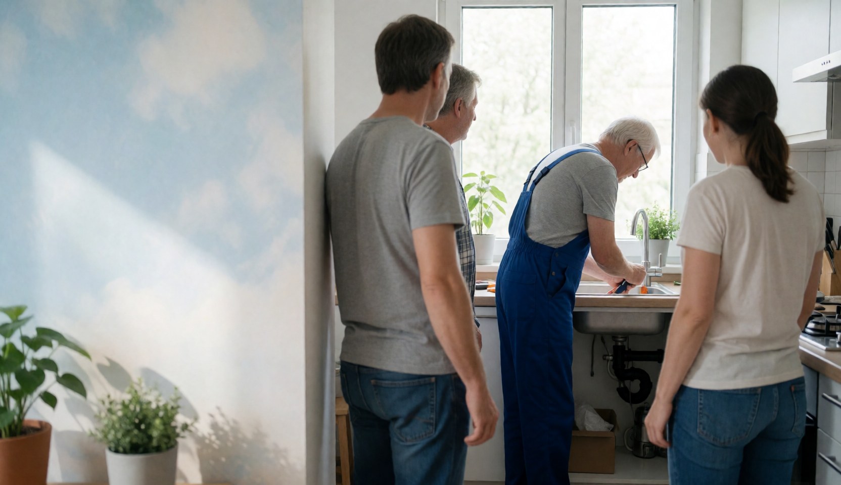 Un plombier en combinaison bleue répare un tuyau sous un évier pendant que des clients observent.