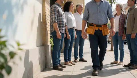 Un plombier avec une ceinture à outils traverse une rue ensoleillée tandis qu'un groupe de passants l'observe attentivement.
