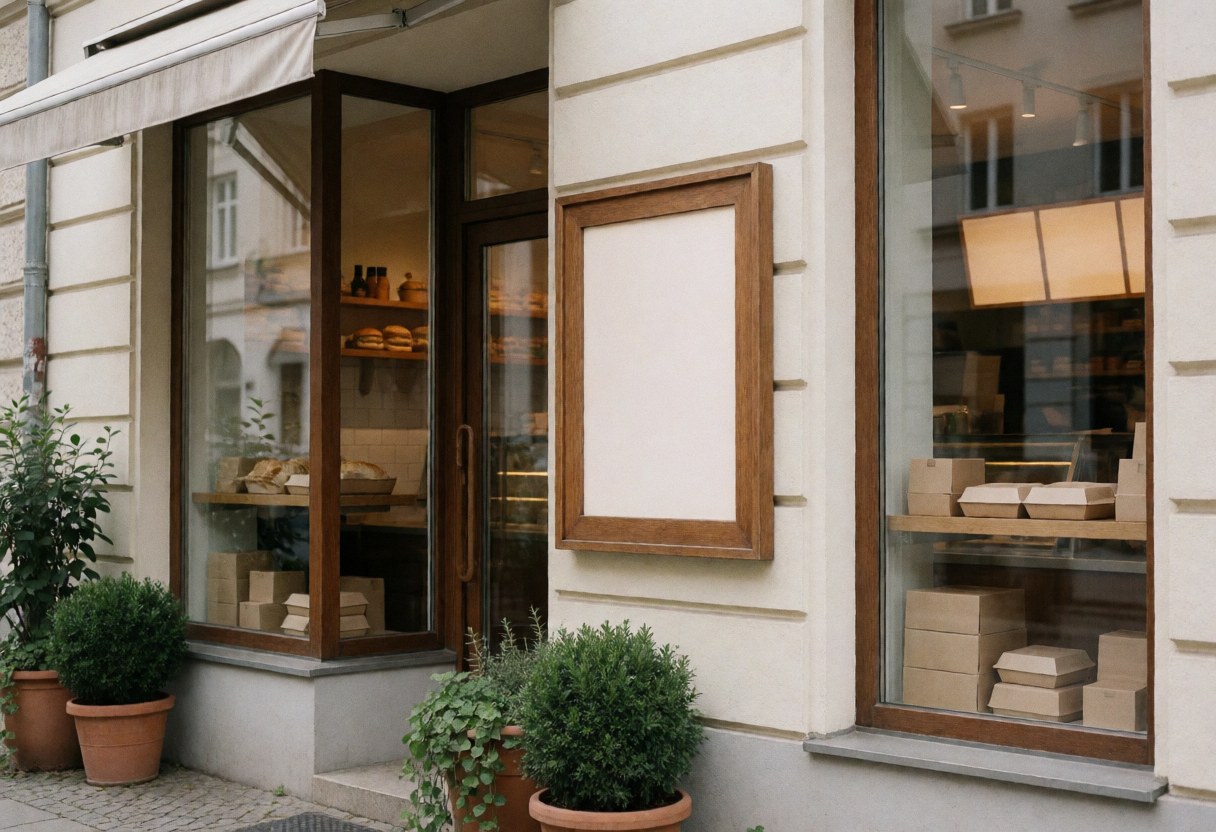 Façade de magasin avec fenêtres en verre, cadres en bois, pots de plantes et vitrine contenant des emballages alimentaires, idéale pour un restaurant de restauration rapide.