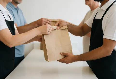 Employé de restaurant rapide remettant un sac en papier à un client, mains visibles, intérieur propre et moderne avec murs blancs.