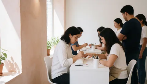 Une esthéticienne réalise un service de manucure sur une cliente dans un salon aux murs de terre cuite et aux tables blanches.