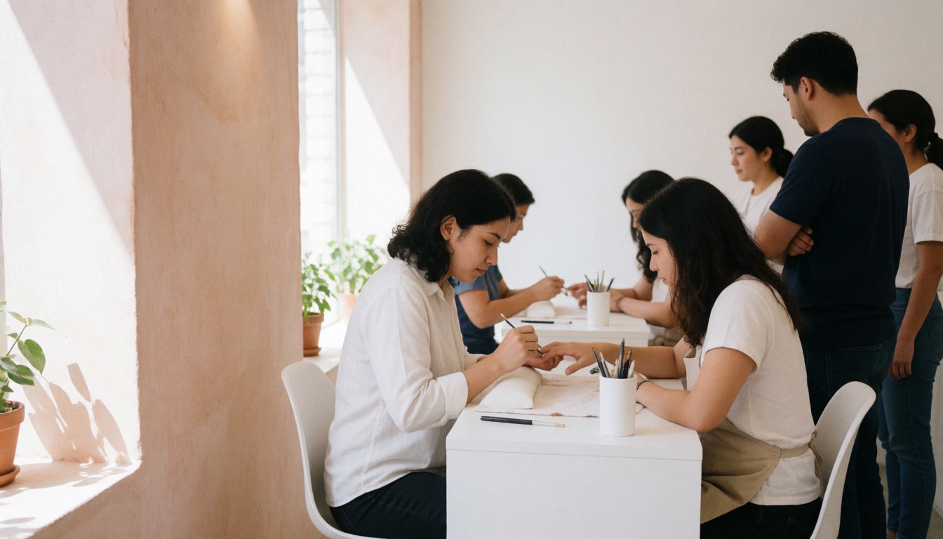 Une esthéticienne réalise un service de manucure sur une cliente dans un salon aux murs de terre cuite et aux tables blanches.