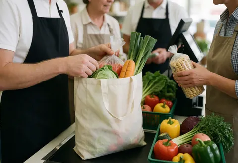 Un employé de caisse empaquete des légumes frais dans un sac réutilisable sur le comptoir d'un minimarket avec des produits en caisses vertes.