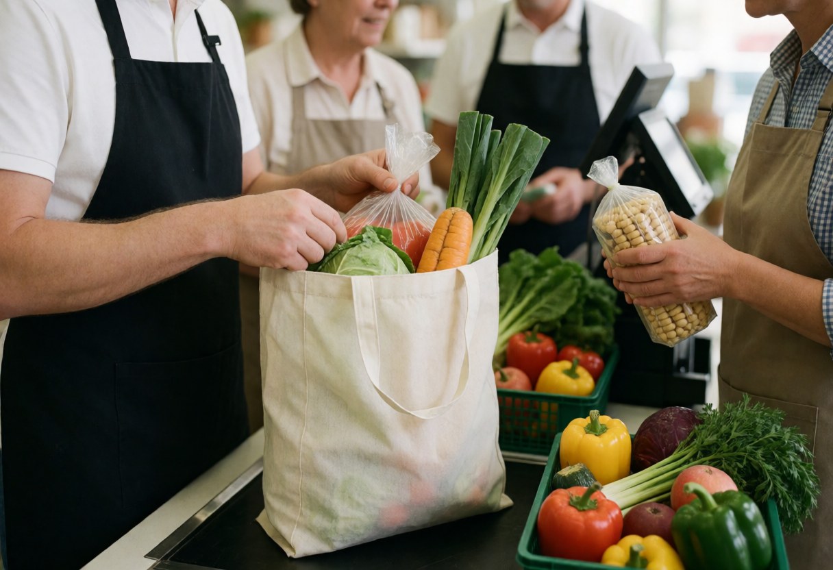 Un employé de caisse empaquete des légumes frais dans un sac réutilisable sur le comptoir d'un minimarket avec des produits en caisses vertes.