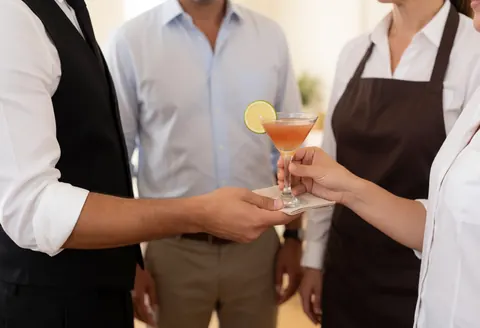 Un barman professionnel sert un cocktail dans un grand verre sur le comptoir d'un bar moderne, tenant une serviette blanche dans sa main.