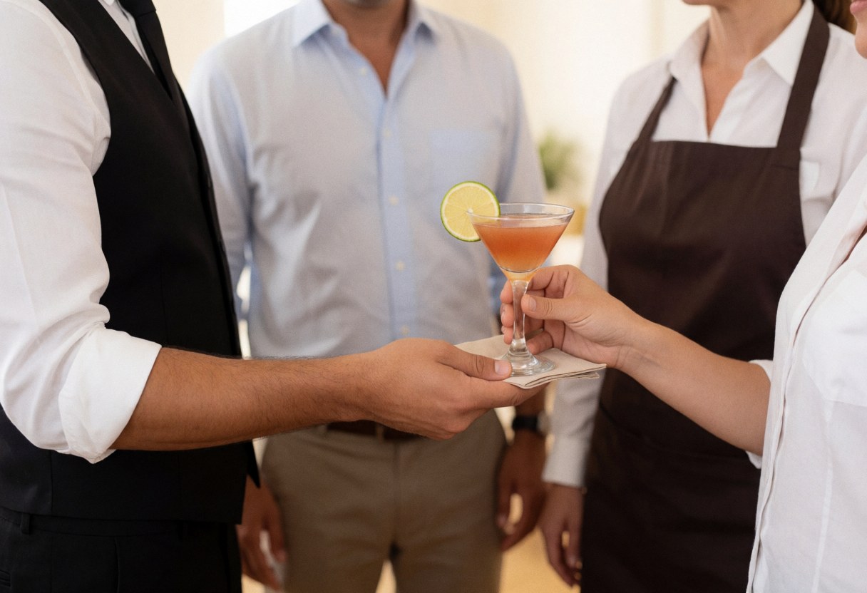 Un barman professionnel sert un cocktail dans un grand verre sur le comptoir d'un bar moderne, tenant une serviette blanche dans sa main.