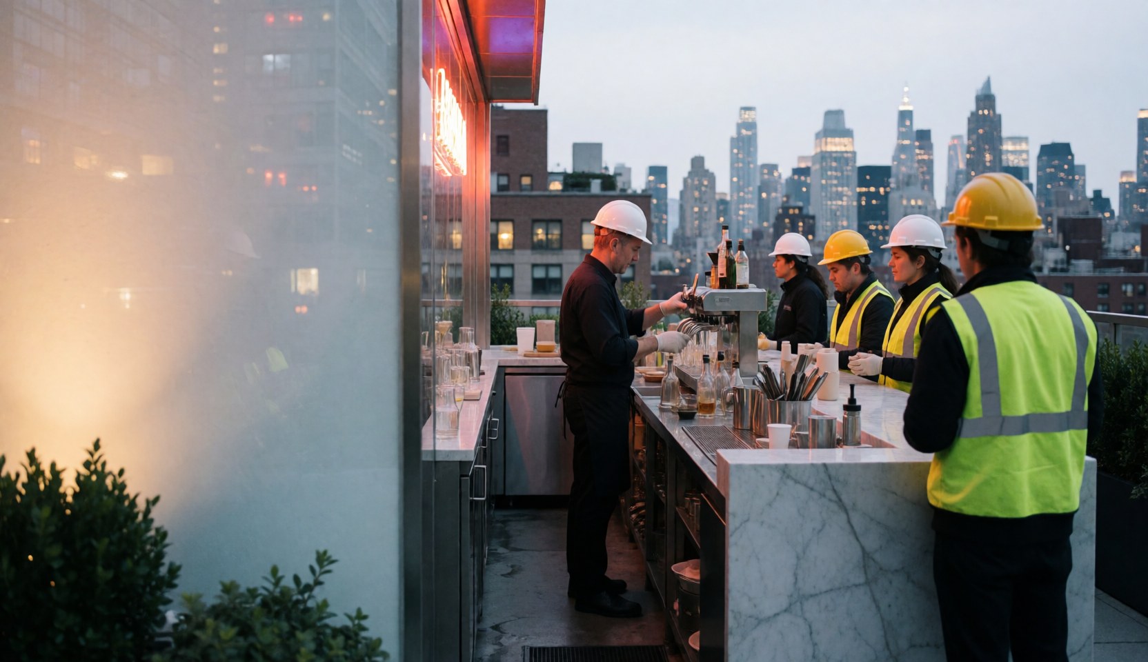 Un barmen avec un casque blanc sert des boissons dans un bar en marbre avec une vue sur la ville, accompagné de personnes portant des casques de sécurité.